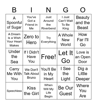 Disney Songs (set 2) Bingo Card
