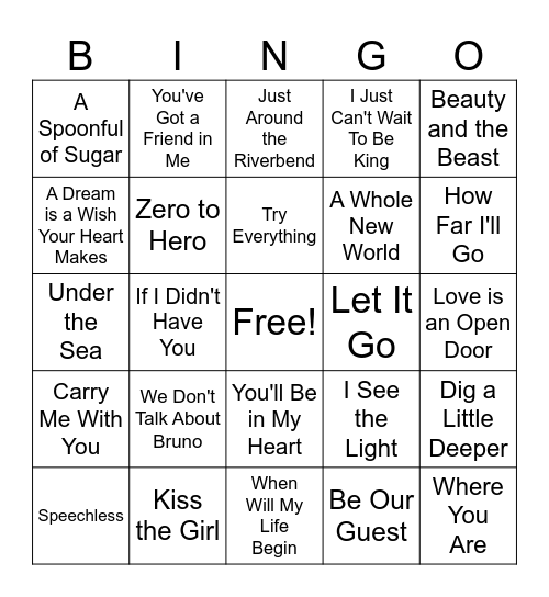 Disney Songs (set 2) Bingo Card