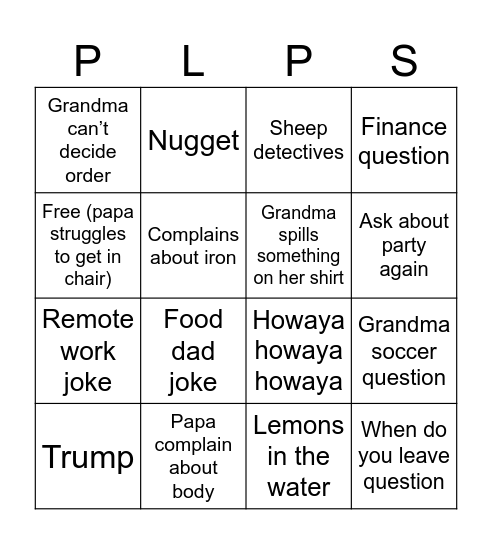 Winking Lizard Dinner Bingo Card