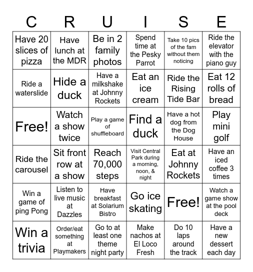 Allure of the Seas Bingo Card