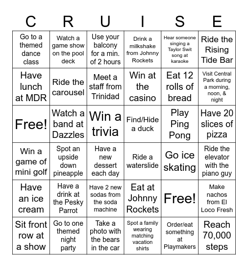 Allure of the Seas Bingo Card