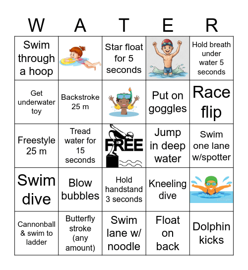 GWL Swim Camp Skills Bingo Card