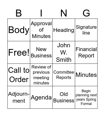 Meeting Agendas and Minutes Bingo Card