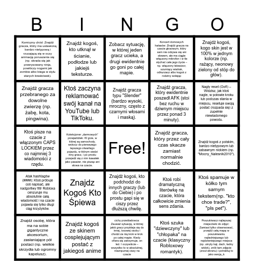 Roblox Bingo Card