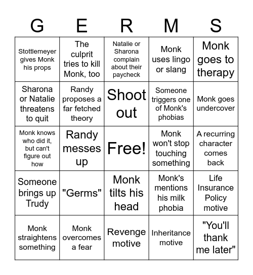Monk Bingo Card