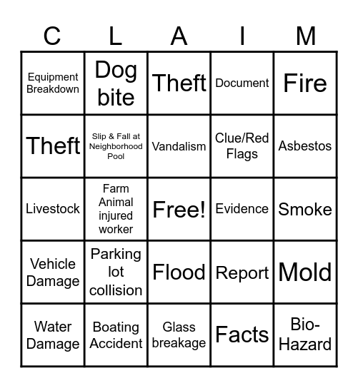 Claims Bingo Card