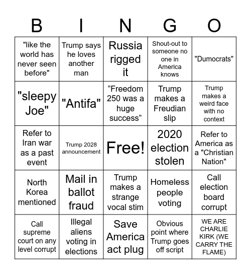 Trump's speech Bingo Card
