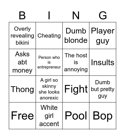 White girl bingo Card