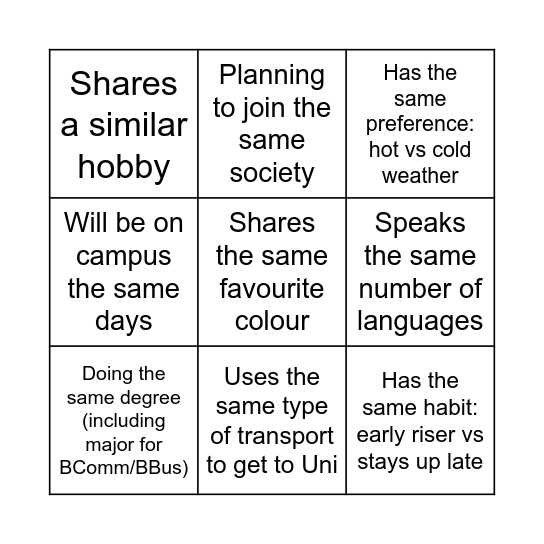 MQBS Networking Bingo Card