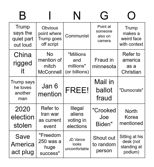 Trumps speech Bingo Card