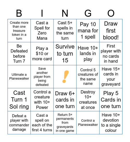 MTG Commander Bingo for FNM Bingo Card