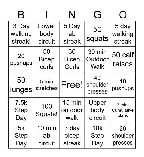Nicks Exercise Bingo Card