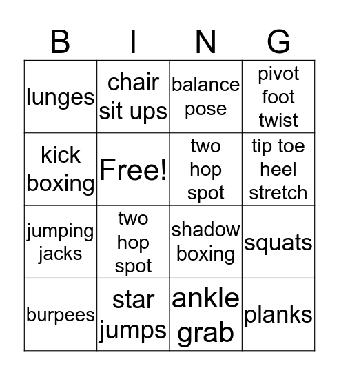 PE bingo Card
