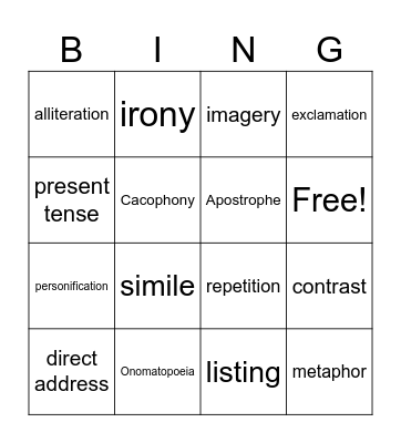 Technique Bingo | Dulce et Decorum Est Bingo Card