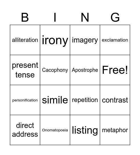 Technique Bingo | Dulce et Decorum Est Bingo Card