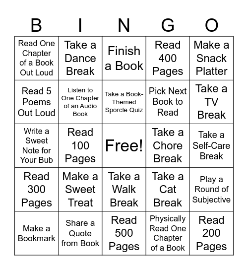 Bubby Bookathon Bingo Card