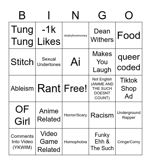 Tiktok Bingo July 15th '26 Bingo Card