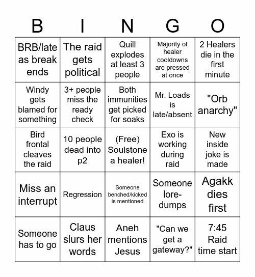 final raid week Bingo Card