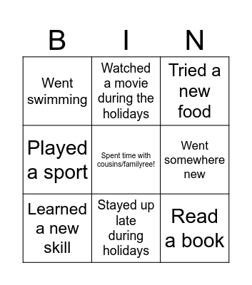Summer Holidays Bingo Card