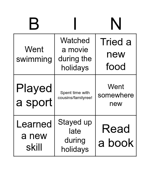 Summer Holidays Bingo Card