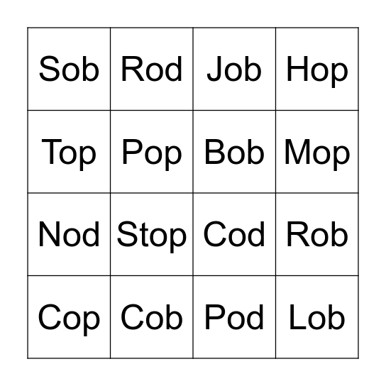 -op, -od, -ob BINGO Card