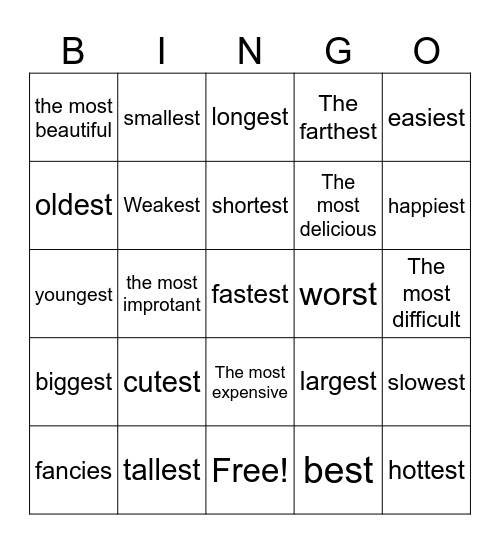 Superlative Adjectivefast Bingo Card