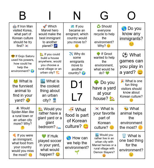 D1 L7 Rural, urban, immigrant, emigrants, yard, culture, environment Bingo Card