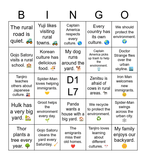 D1 L7 Sentences Bingo Card