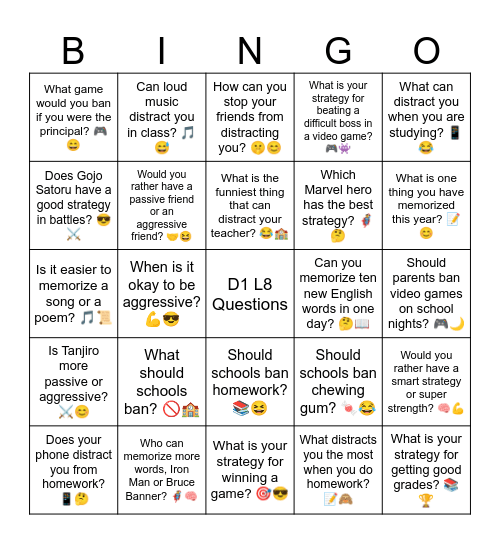 D1 L8 Questions Bingo Card