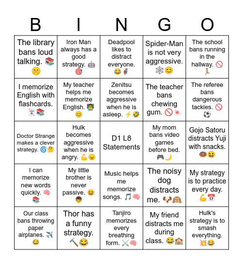 D1 L8 Statements Bingo Card