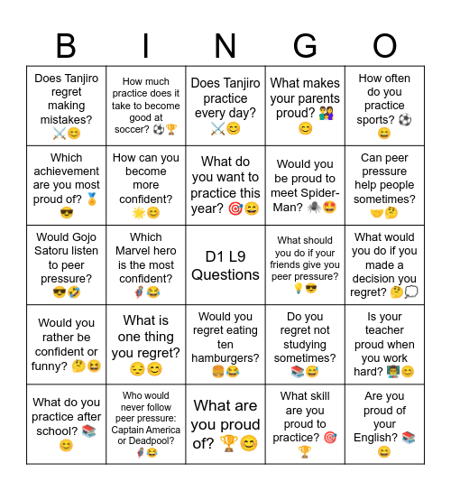 D1 L9 Questions Bingo Card
