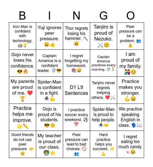 D1 L9 Sentences Bingo Card