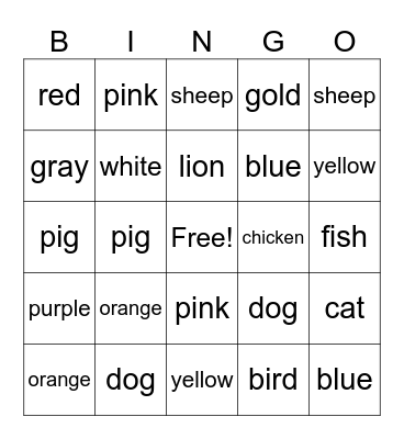 Colours and Animals Bingo Card