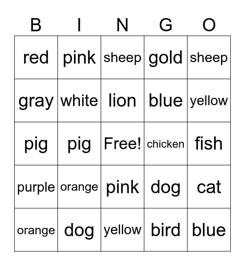Colours and Animals Bingo Card