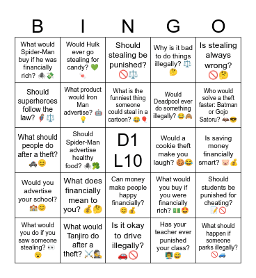 D1 L10 Questions Bingo Card