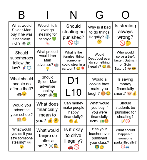 D1 L10 Questions Bingo Card