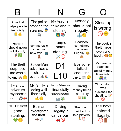 D1 L10 Sentences Bingo Card