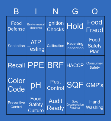 BRF Food Safety Bingo Card