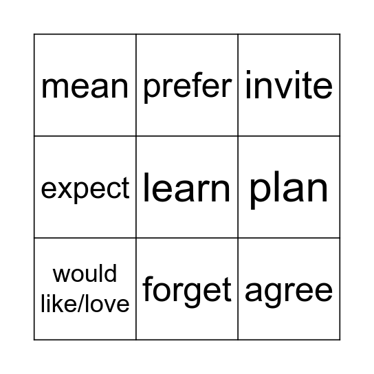 verb + to + infinitive Bingo Card