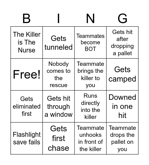 Ray's Terrible Luck in DBD! Bingo Card