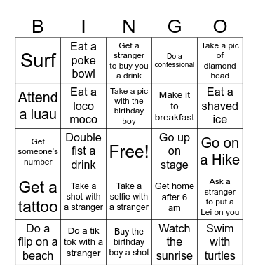 Dev’s 30th in Hawaii Bingo Card