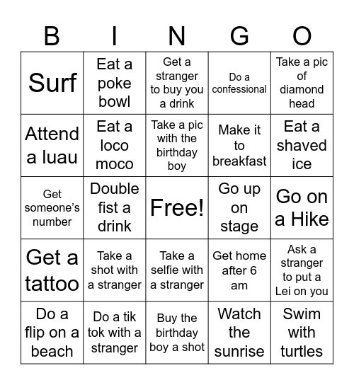 Dev’s 30th in Hawaii Bingo Card