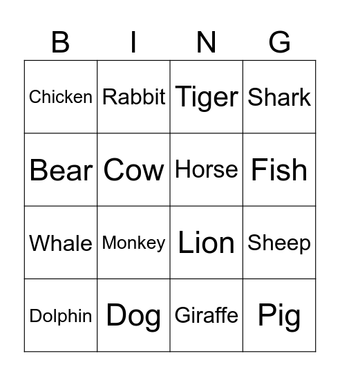 ANIMALS Bingo Card