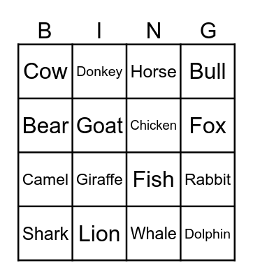 ANIMALS Bingo Card