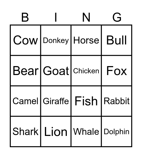 ANIMALS Bingo Card