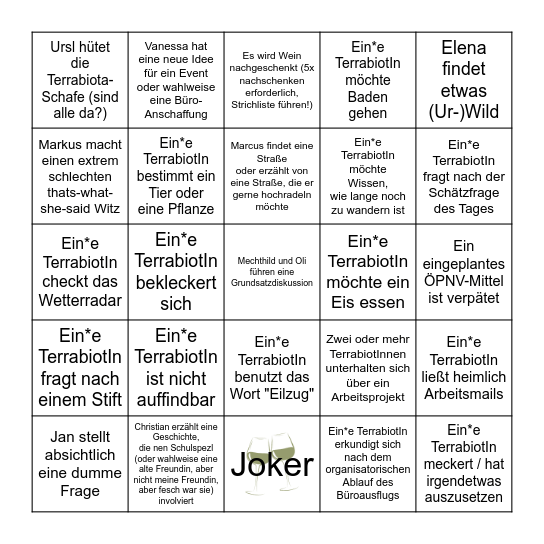 Terrabiota Büroausflug Bullshit Bingo! Bingo Card