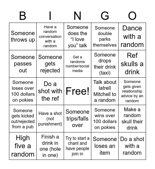 Pub Golf Bingo Card