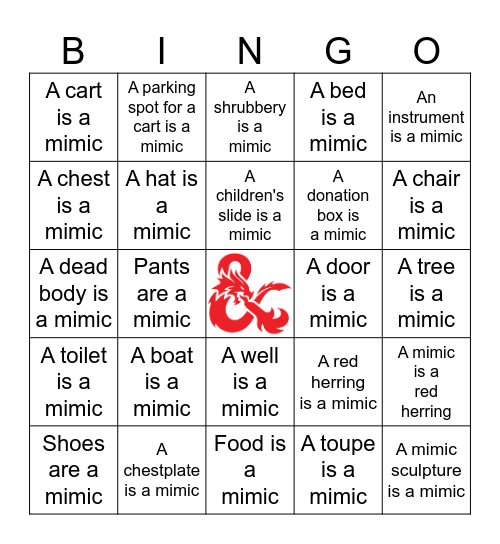 Things that are mimics Bingo Card