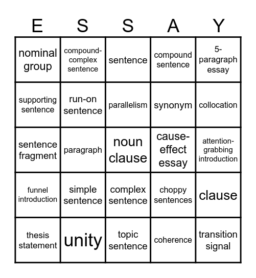 Essay Writing II Vocab Rev (2026) Bingo Card