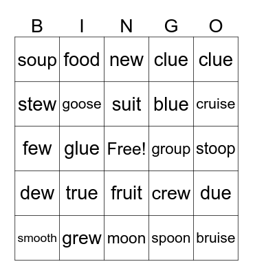 oo, ew, ue, ui, ou   1st Grade Bingo Card